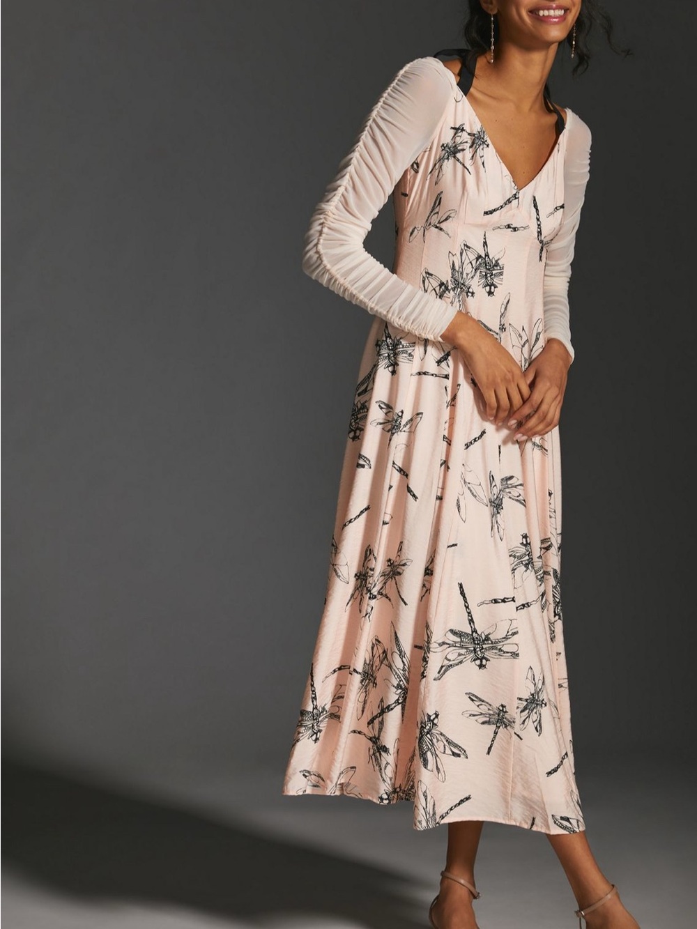 Anthropologie Midi Dress with Black Dragonfly Print
